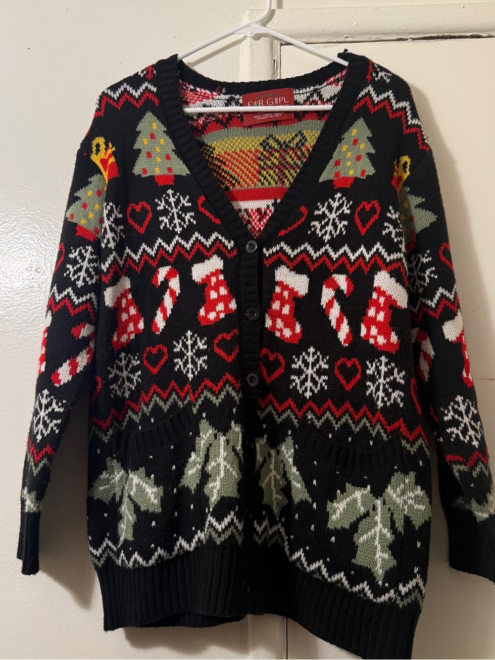 Ugly Christmas Sweater Cardigan M Black Knit Holiday Trees Candy Canes